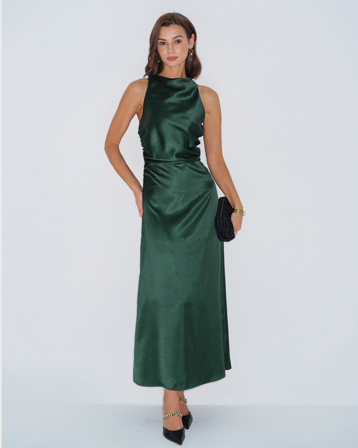 Green Cowl Neck Satin Maxi Dress