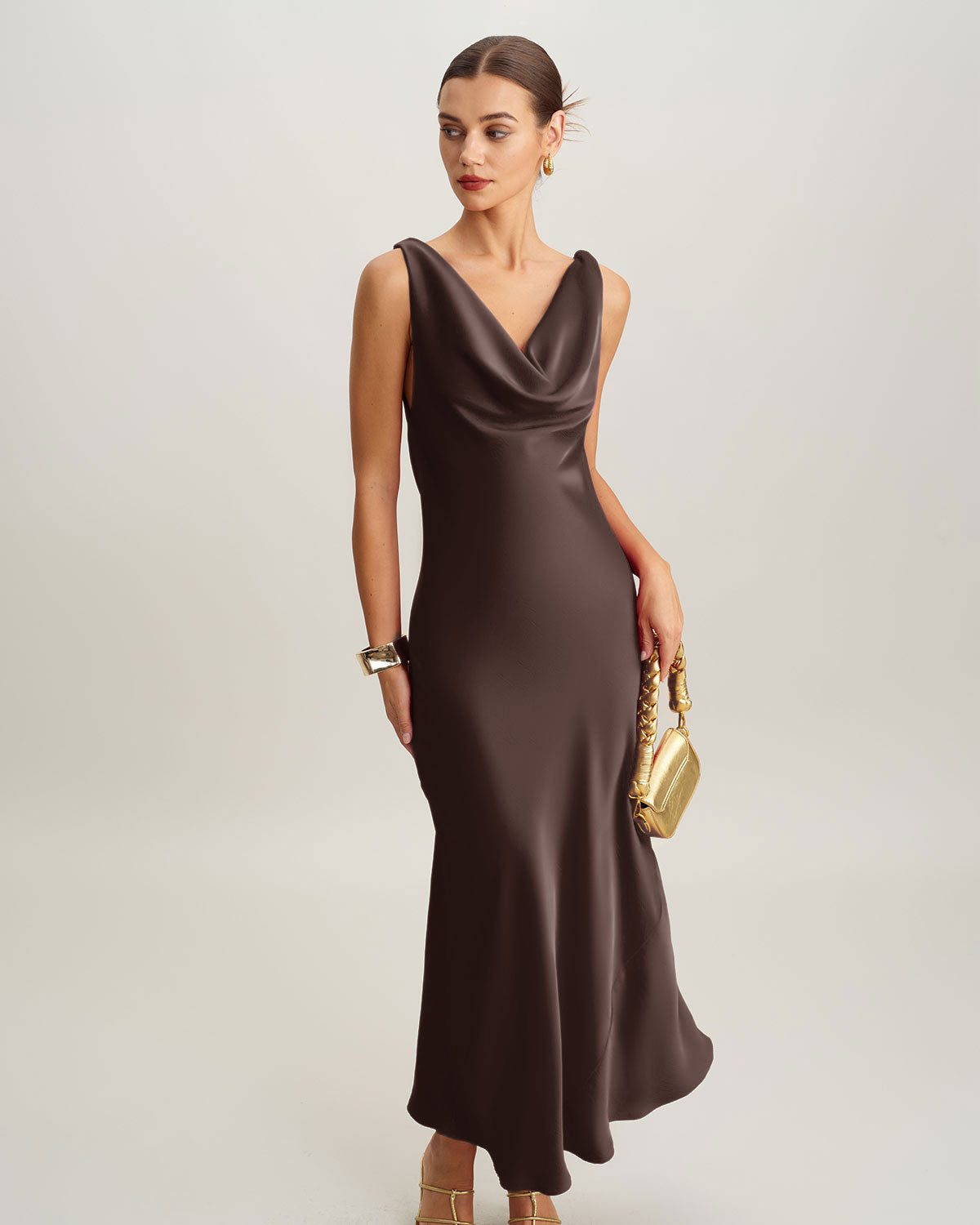 Coffee Cowl Neck Satin Maxi Dress
