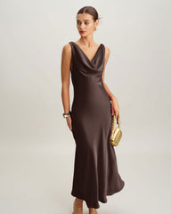 Coffee Cowl Neck Satin Maxi Dress
