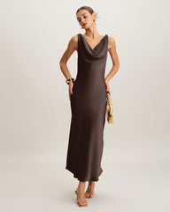 Coffee Cowl Neck Satin Maxi Dress