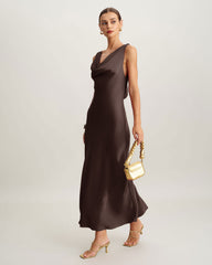 Coffee Cowl Neck Satin Maxi Dress