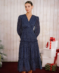 Blue Polka Dot V Neck Midi Dress