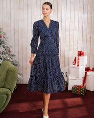 Blue Polka Dot V Neck Midi Dress