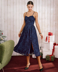 Blue Jacquard A-Line Slip Midi Dress