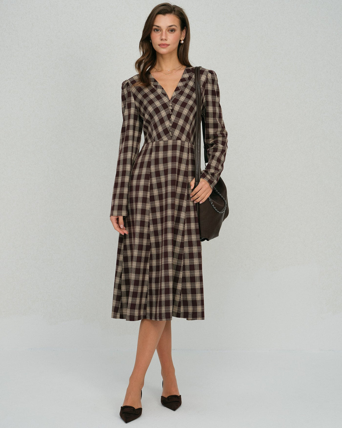 Brown Floral V Neck Midi Dress