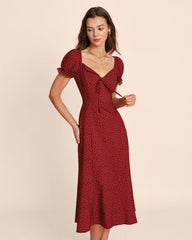 Red V Neck Lace Floral Midi Dress