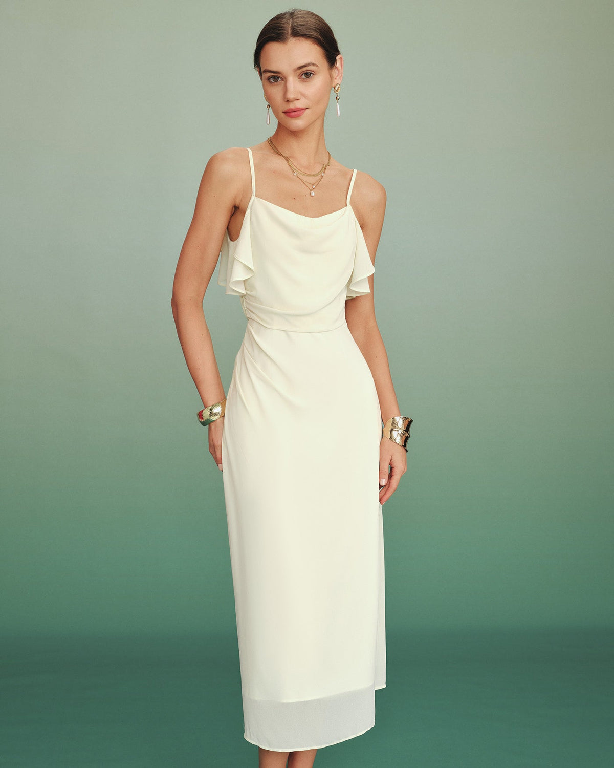 Apricot Ruffle Slip Chiffon Midi Dress