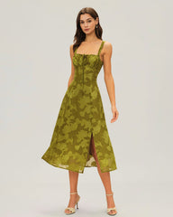 Green Square Neck Jacquard Midi Dress
