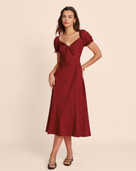 Red V Neck Lace Floral Midi Dress