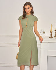 Green Mandarin Collar Chiffon Midi Dress