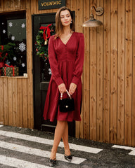 Wine Red Satin V Neck Midi Dress