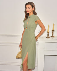 Green Mandarin Collar Chiffon Midi Dress