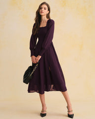 Purple Chiffon Shirred Lantern Sleeve Midi Dress