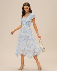 Blue V Neck Floral Midi Dress
