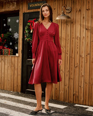 Wine Red Satin V Neck Midi Dress