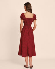 Red V Neck Lace Floral Midi Dress