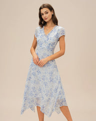 Blue V Neck Floral Midi Dress