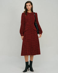 Red Lantern Sleeve A-Line Midi Dress