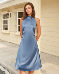 Blue Satin Halter Midi Dress