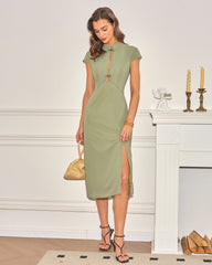 Green Mandarin Collar Chiffon Midi Dress