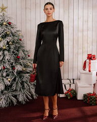 Black Satin Boat Neck Backless Midi Dress