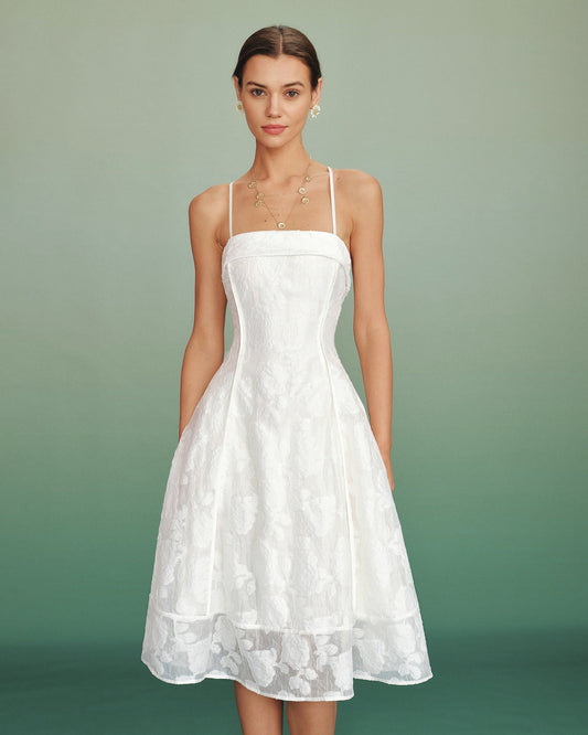 White Square Neck Jacquard Slip Midi Dress