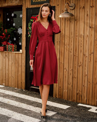 Wine Red Satin V Neck Midi Dress