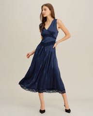 Blue V Neck A-Line Sleeveless Midi Dress