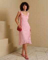 Pink V Neck Ruffle Sleeveless Midi Dress