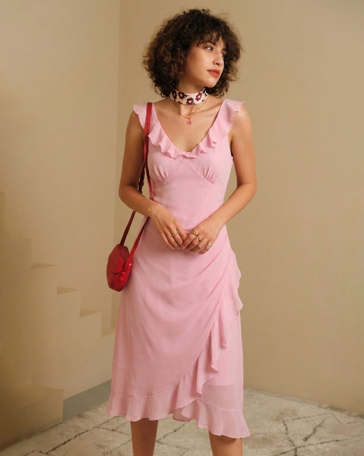 Pink V Neck Ruffle Sleeveless Midi Dress