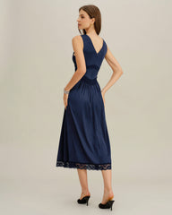Blue V Neck A-Line Sleeveless Midi Dress