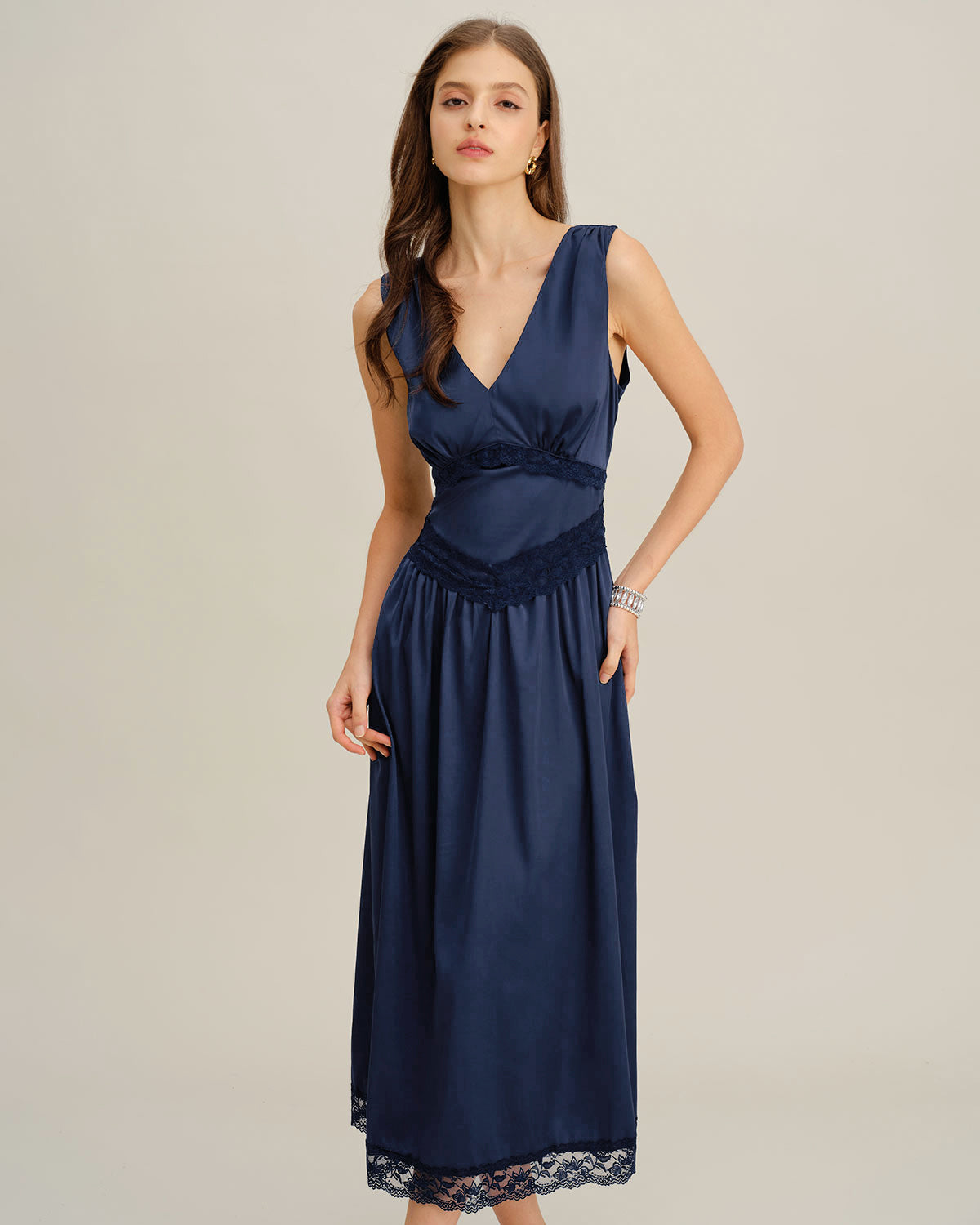 Blue V Neck A-Line Sleeveless Midi Dress