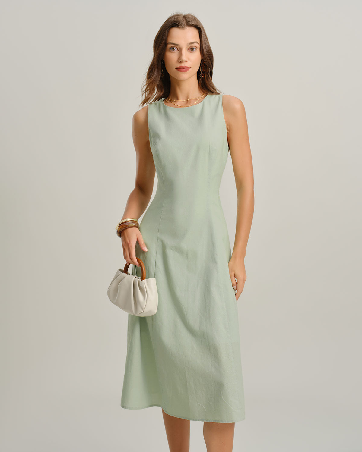 Green Round Neck Sleeveless Midi Dress