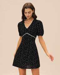 Black V Neck Lace Floral Mini Dress