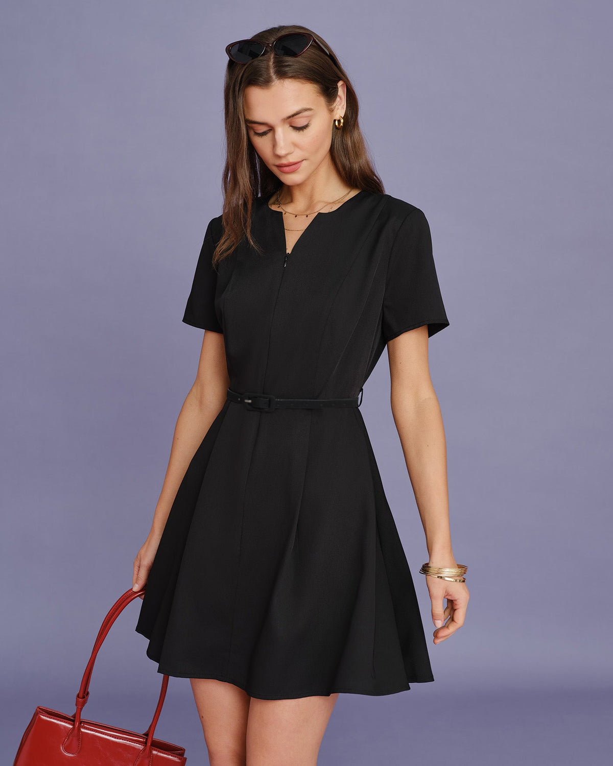 Black Belt Ruched Mini Dress