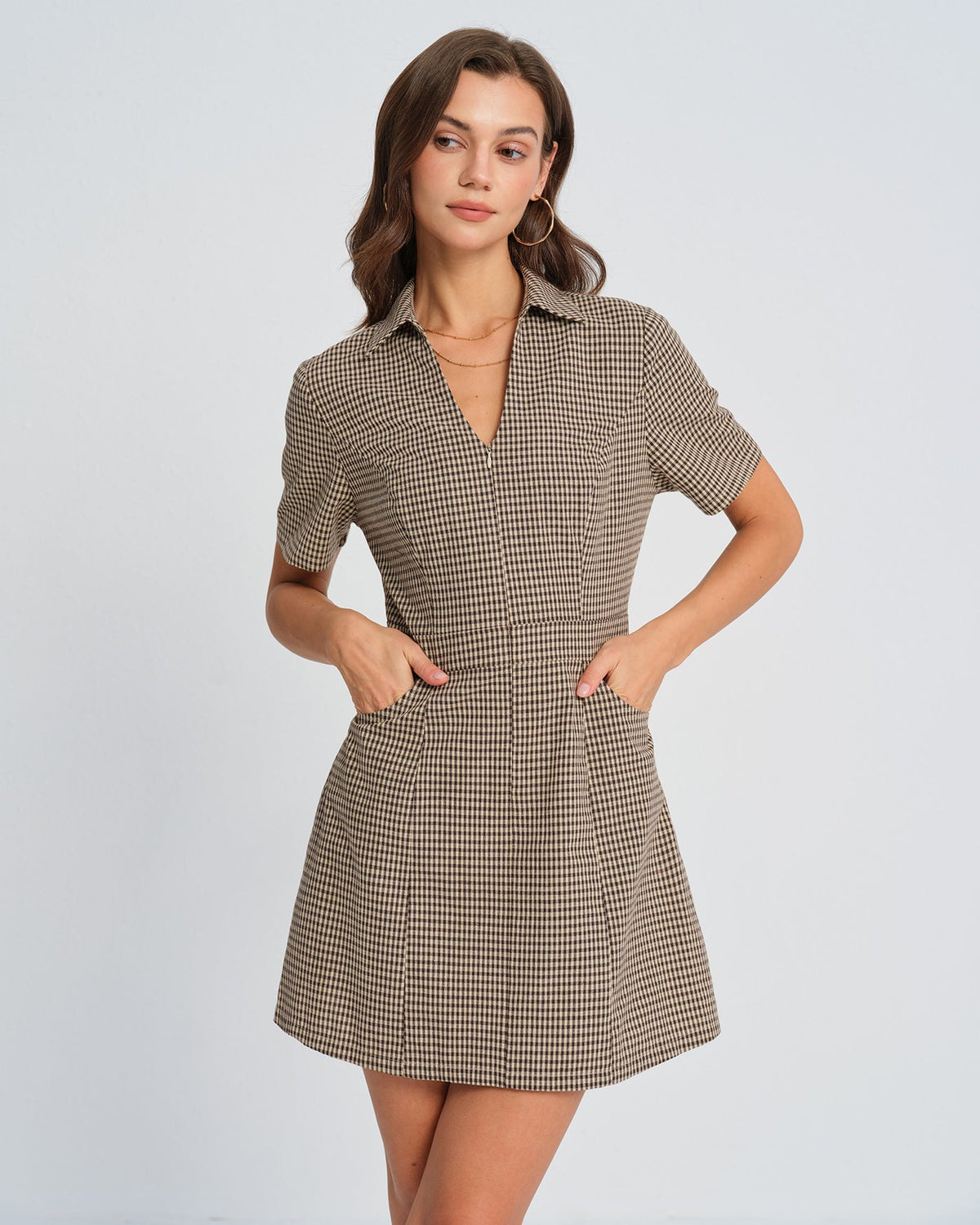 Brown Plaid Collar Mini Dress