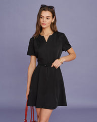 Black Belt Ruched Mini Dress