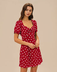 Red Puffed Sleeve Polka Dot Mini Dress