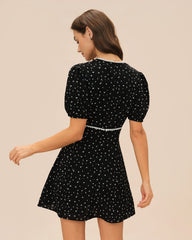 Black V Neck Lace Floral Mini Dress