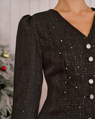 Black V Neck Sequins Mini Dress