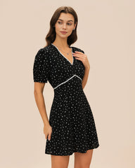 Black V Neck Lace Floral Mini Dress