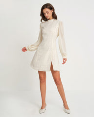 Beige Chiffon Mock Neck Mini Dress