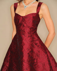 Wine Red Sweetheart Neck Jacquard Mini Dress