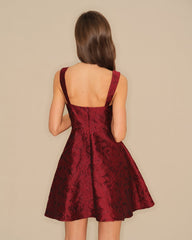 Wine Red Sweetheart Neck Jacquard Mini Dress