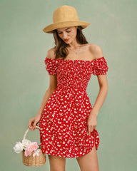 Red Square Neck Floral Mini Dress
