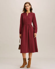 Red French Sleeve A-Line Midi Dress