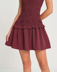 Wine Red Sleeveless Shirred Mini Dress