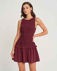 Wine Red Sleeveless Shirred Mini Dress